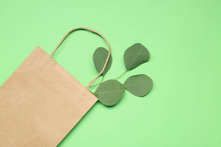 Paper shopping bag on color backgroundの写真素材