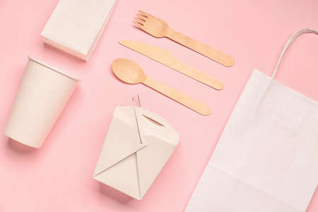 Eco containers for food and drinks on color backgroundの写真素材