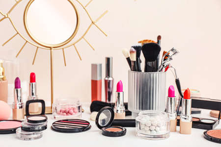Set of decorative cosmetics on table
