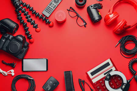 Frame made of different modern devices on color backgroundの写真素材