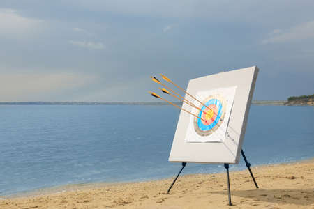 Target for archery with arrows on river bankの写真素材