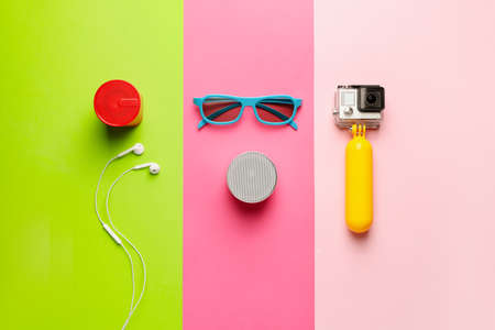 Different modern devices on color backgroundの写真素材