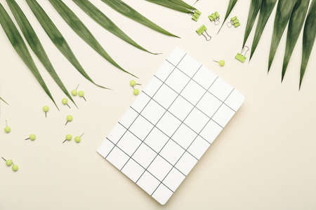Set of stationery and tropical leaves on light backgroundの写真素材