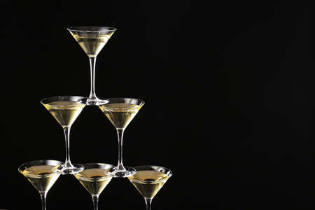 Champagne tower on dark backgroundの写真素材