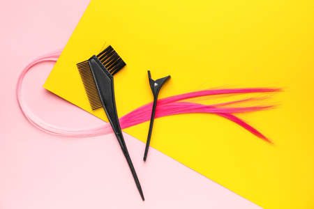 Hairdresser supplies on color backgroundの写真素材