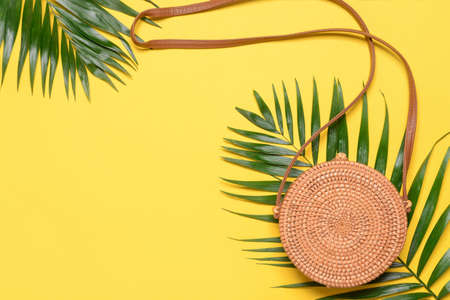 Wicker bag on color backgroundの写真素材