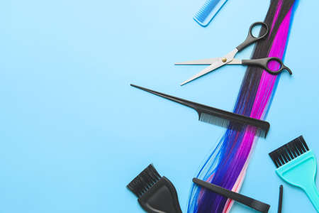 Hairdresser supplies on color backgroundの写真素材