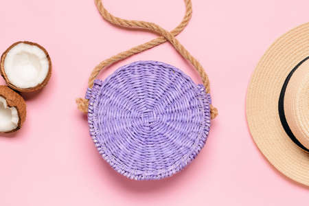Straw bag on color backgroundの写真素材