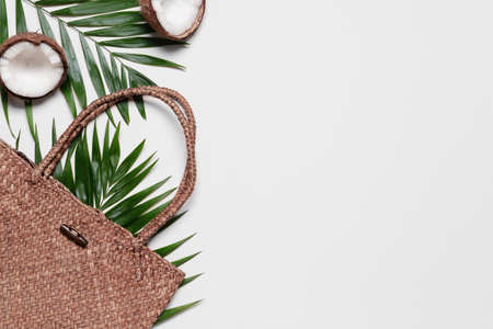 Straw bag on light backgroundの写真素材