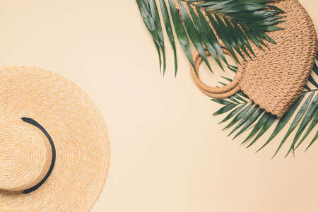 Straw hat and bag on color backgroundの写真素材