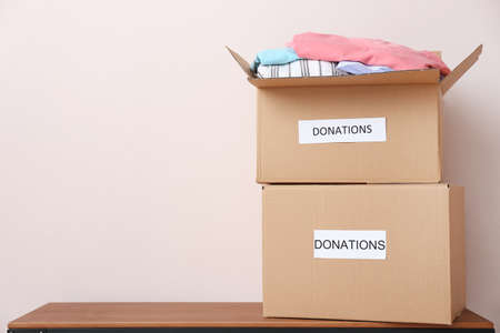 Boxes with donations on tableの写真素材