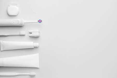 Set for oral hygiene on white backgroundの写真素材