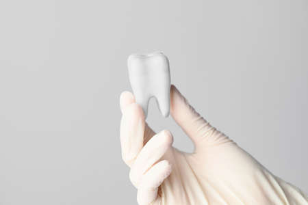 Hand of dentist with tooth on light backgroundの写真素材