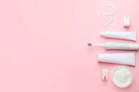 Set for oral hygiene on color backgroundの写真素材