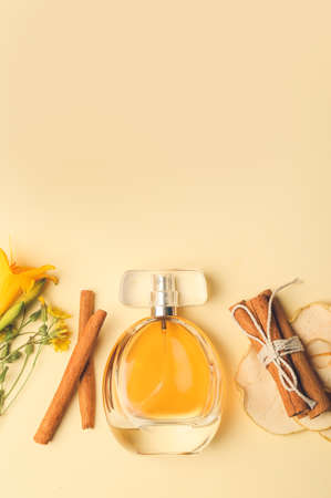 Bottle of floral perfume and cinnamon on color backgroundの写真素材