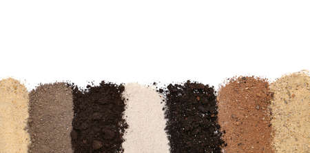 Different types of soil on white backgroundの写真素材