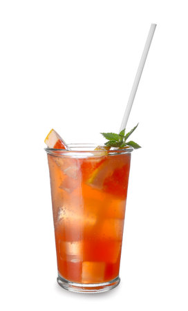 Glass of fresh grapefruit juice on white backgroundの写真素材