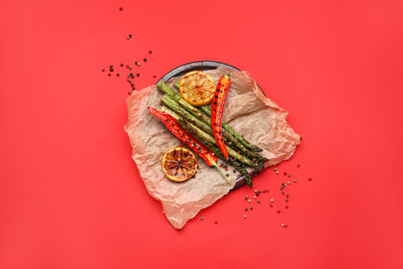 Cooked asparagus with chili pepper and lemon on color backgroundの写真素材