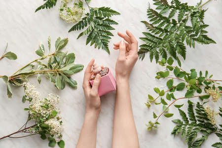 Female hands with perfume, leaves and flowers on light backgroundの写真素材