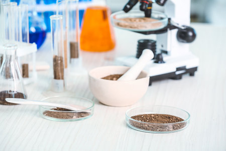 Samples of soil, microscope and glassware on table in laboratory
