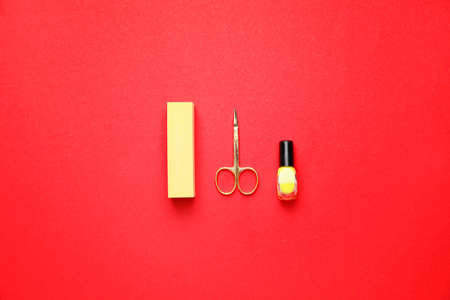 Supplies for manicure on color backgroundの写真素材