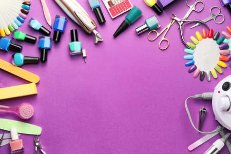 Supplies for manicure on color backgroundの写真素材