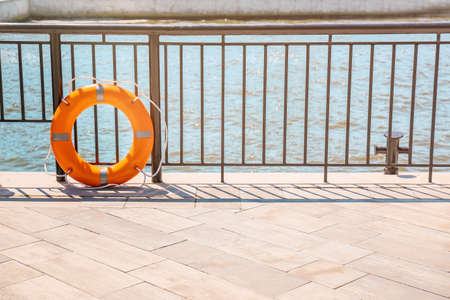 Lifebuoy ring on berth outdoorsの写真素材