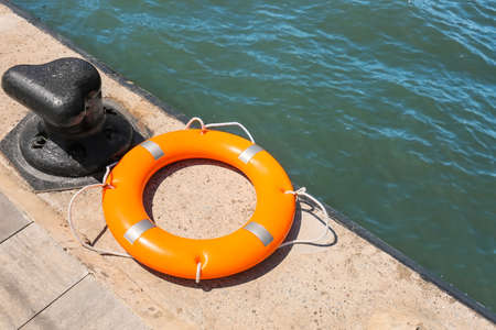 Lifebuoy ring on berth outdoorsの写真素材