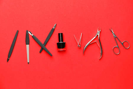 Supplies for manicure on color backgroundの写真素材