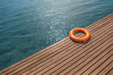 Lifebuoy ring on berth outdoorsの写真素材