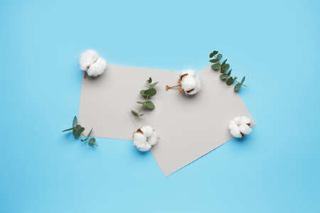 Blank cards, beautiful cotton flowers and eucalyptus leaves on color backgroundの写真素材