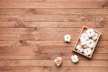 Box with beautiful cotton flowers on wooden backgroundの写真素材