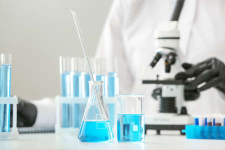 Glassware on table in laboratory
