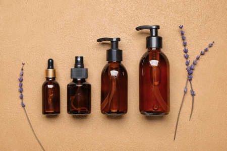 Set for hair treatment on color background
