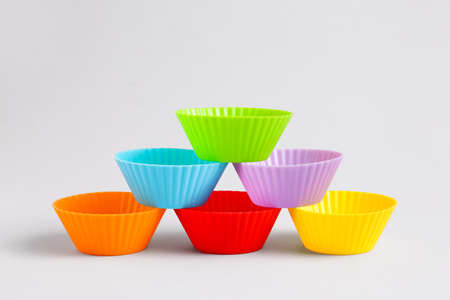 Muffin baking cups on gray backgroundの写真素材