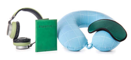Travel accessories on white backgroundの写真素材