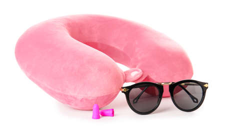 Travel accessories on white backgroundの写真素材