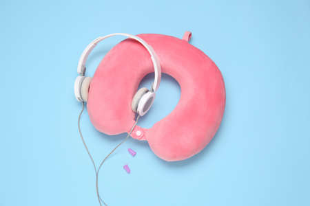 Travel accessories on color backgroundの写真素材