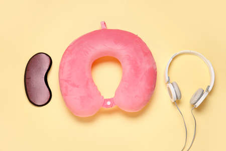 Travel accessories on color backgroundの写真素材