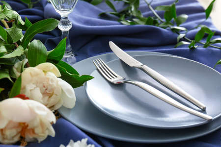 Beautiful table setting in restaurantの写真素材