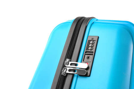 Suitcase with lock on white background, closeupの写真素材