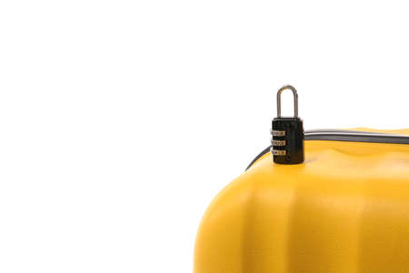 Suitcase with lock on white background, closeupの写真素材
