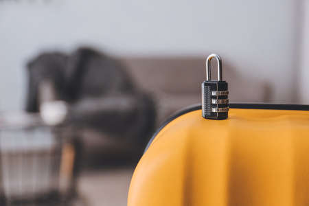 Suitcase with lock in room, closeupの写真素材