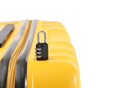 Suitcase with lock on white background, closeupの写真素材