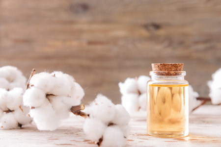 Bottle of cottonseed oil on tableの写真素材