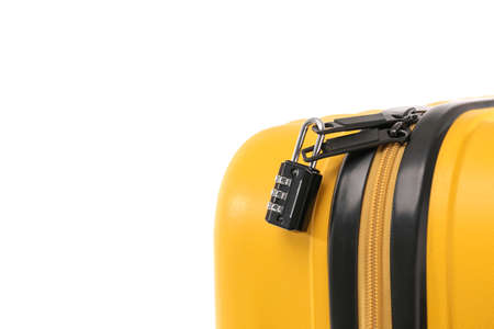 Suitcase with lock on white background, closeupの写真素材