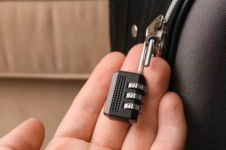 Man with lock on suitcase, closeupの写真素材