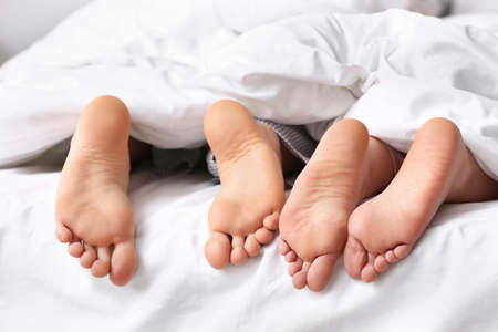 Legs of young couple lying under blanket in bed