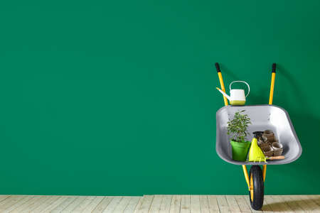 Set of gardening supplies near color wallの写真素材