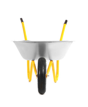 Empty wheelbarrow on white background